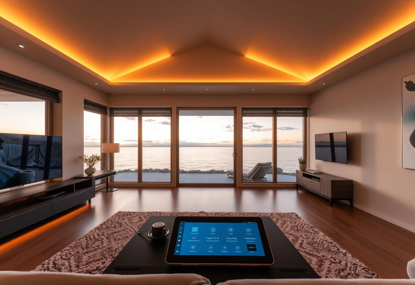 Modern luxury smart living room with automation panel